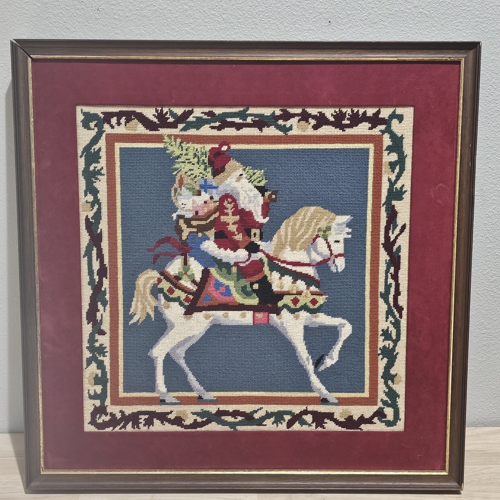 Vintage/Antique Framed Christmas Santa Holiday Horse Needlepoint With Velvet Mat